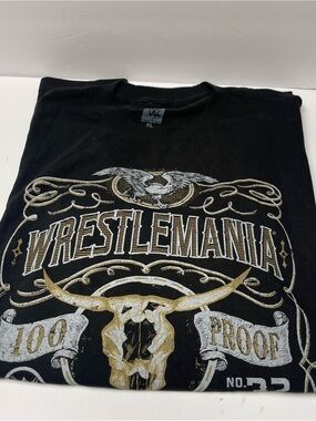 WWE WrestleMania Black Graphic Tee with Gold and White Print
